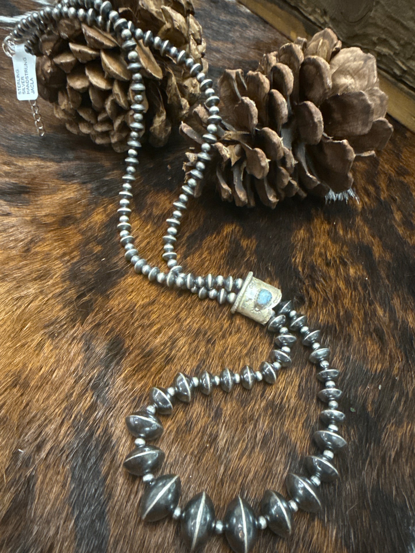 Sterling Silver Handstrung Marked JACLA Bead Necklace Golden Hills Turquoise