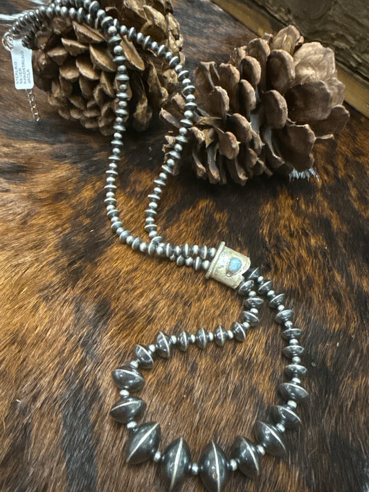 Sterling Silver Handstrung Marked JACLA Bead Necklace Golden Hills Turquoise