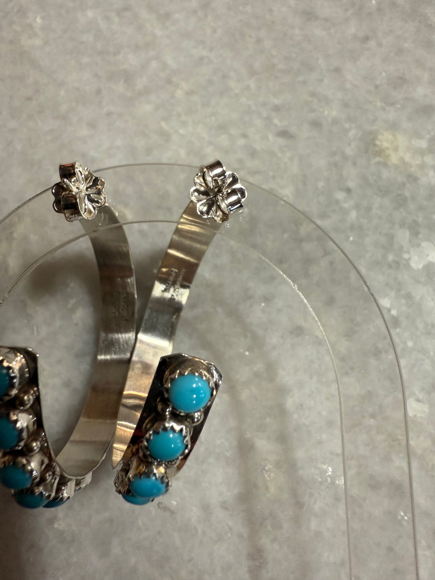 Navajo Handmade Marked Sterling Silver Turquoise Hoop Earrings 2” P Spencer