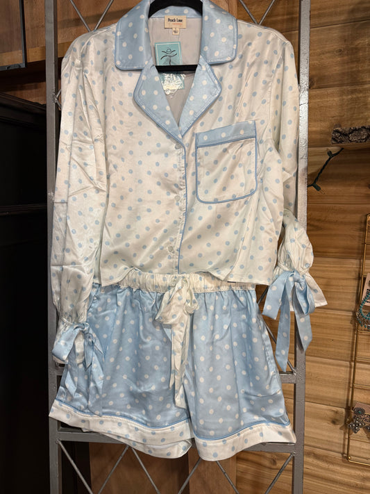 Blue Polka Dot Satin Tie Front Ruffle Cuff Pajama Set