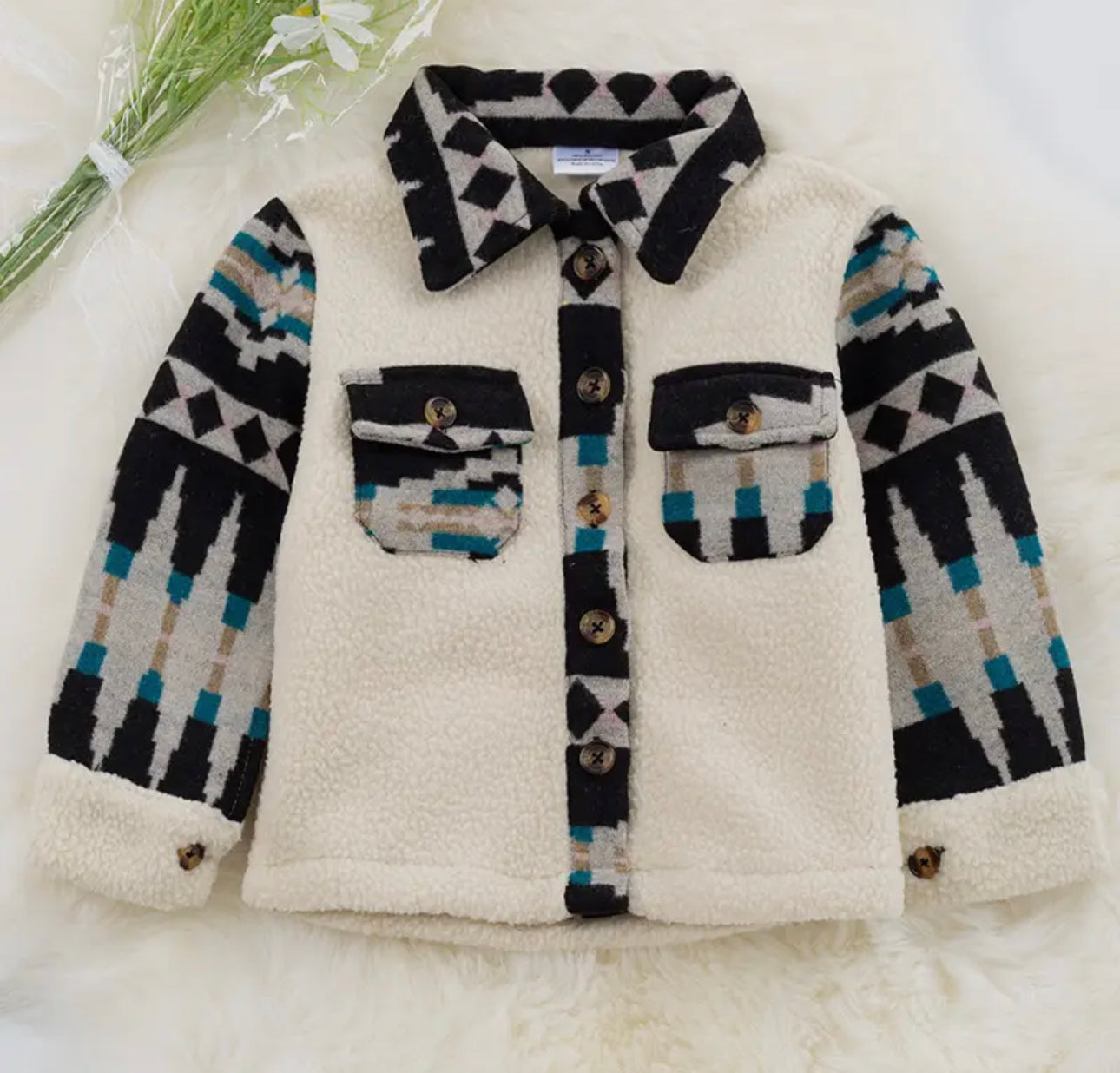 Cream Sherpa Shacket W/Geometric Print