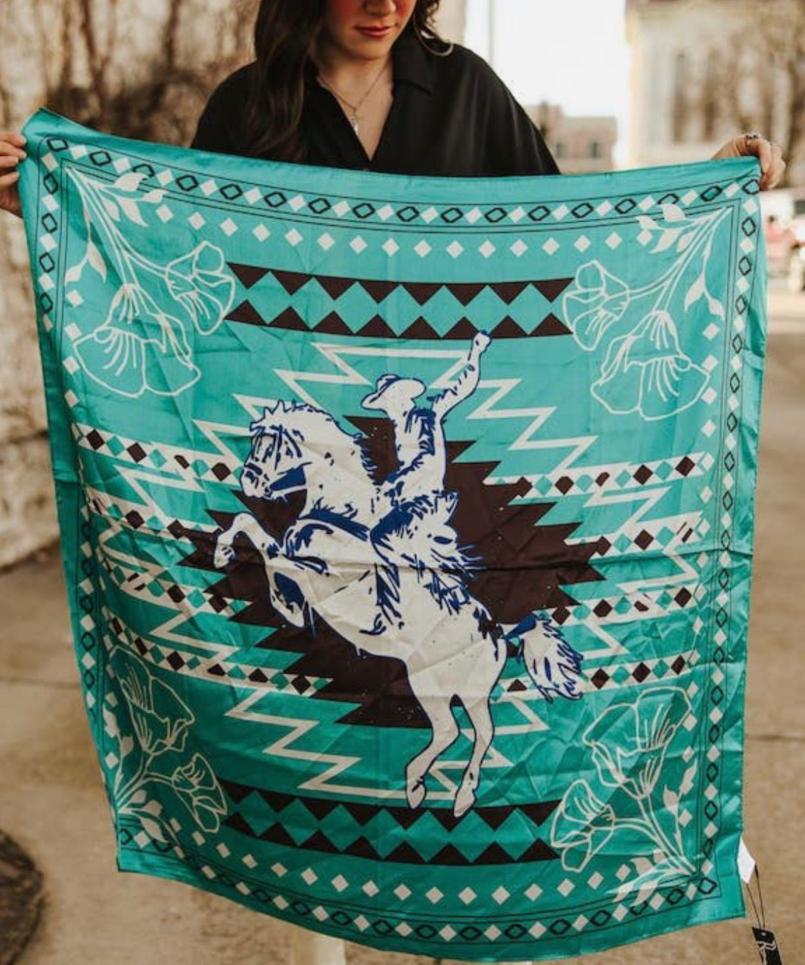 LUCKY & BLESSED Teal Aztec Horse Printed Wild Rag