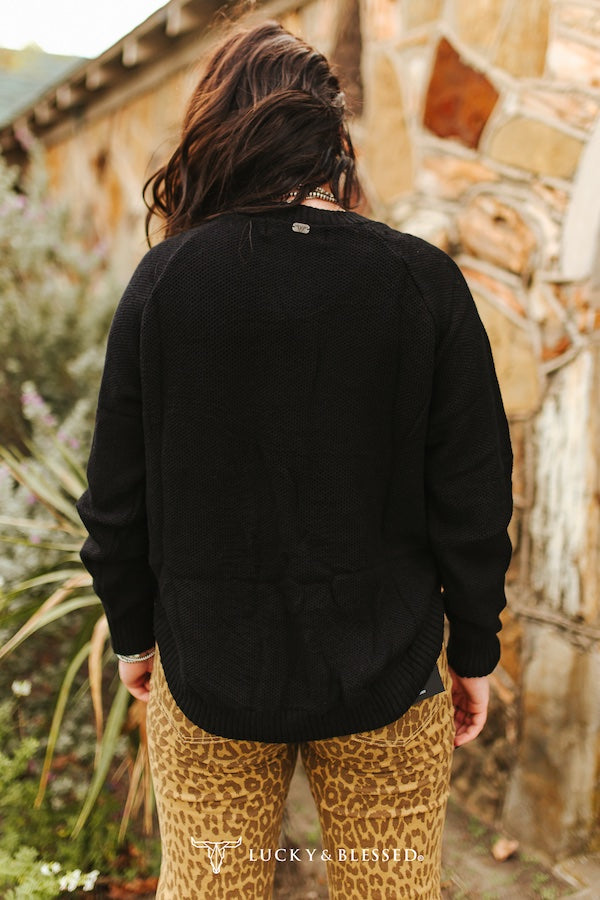 Lucky and Blessed KNITTED ROUND HEM SWEATER BUFFALO BUTTON