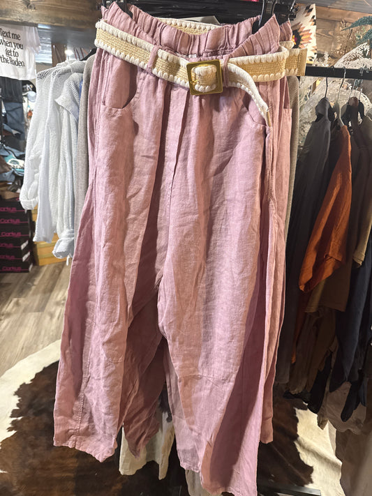 Marisima Made in Italy Linen Belted Pants with Pockets