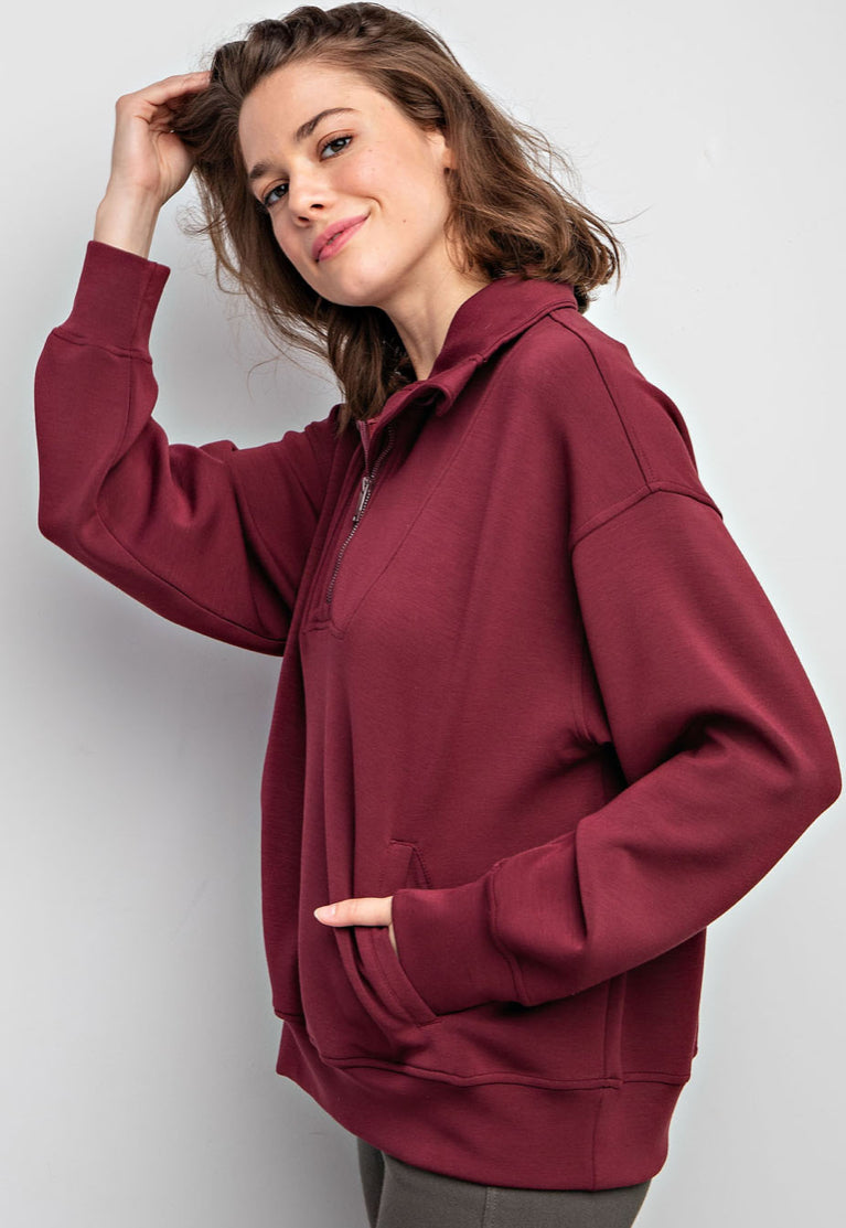 MODAL POLY SPAN QUARTER ZIP FUNNEL NECK PULLOVER