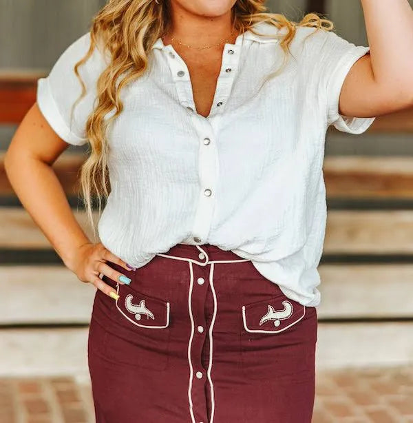 Lucky and Blessed Ivory Gauze Textured Cotton Button Down Short Sleeve Shirt
