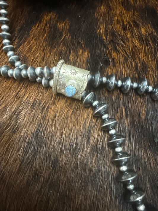 Sterling Silver Handstrung Marked JACLA Bead Necklace Golden Hills Turquoise