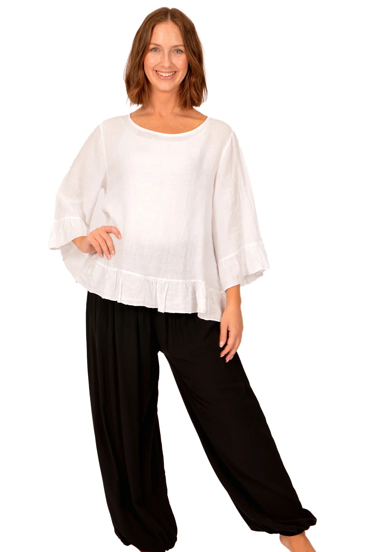 LINEN RUFFLE BOTTOM TOP Italy Collection O/S