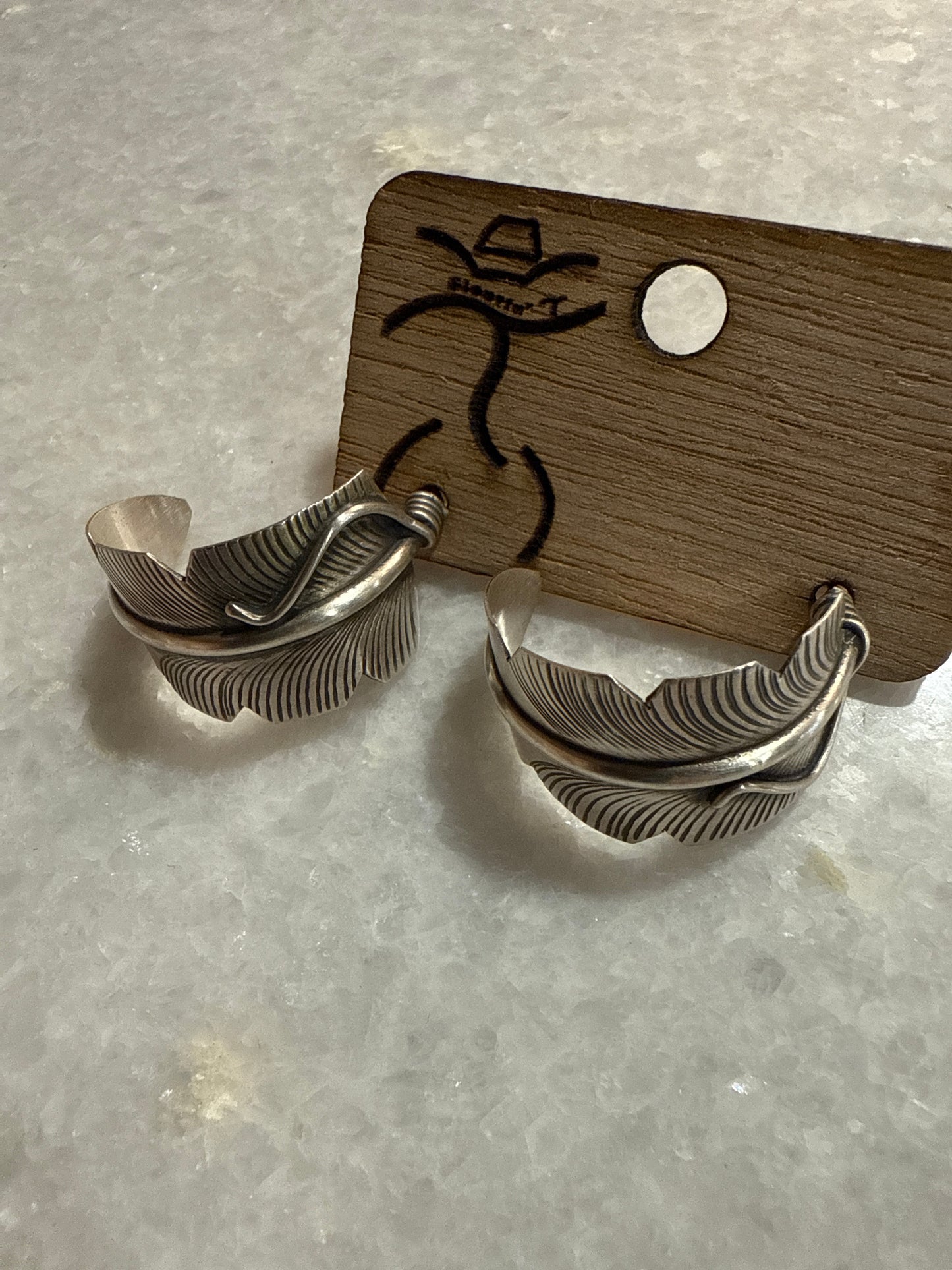 Navajo Handmade Marked CC Sterling Silver Feather Hoop Earrings
