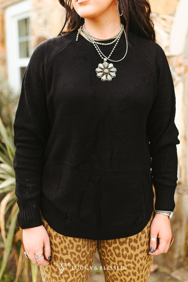 Lucky and Blessed KNITTED ROUND HEM SWEATER BUFFALO BUTTON