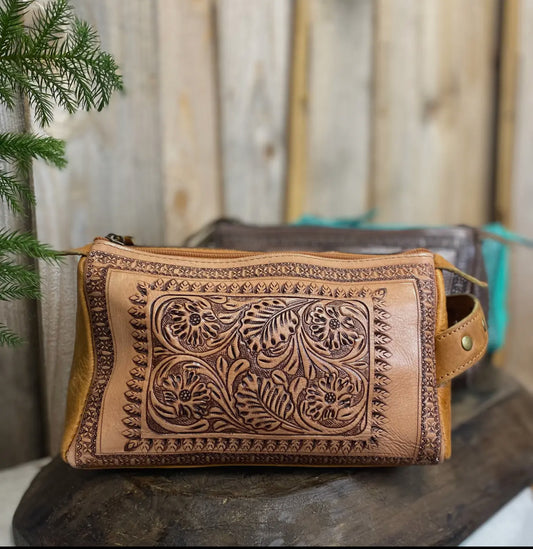 Tan Tooled Floral Leather Toiletry Bag
