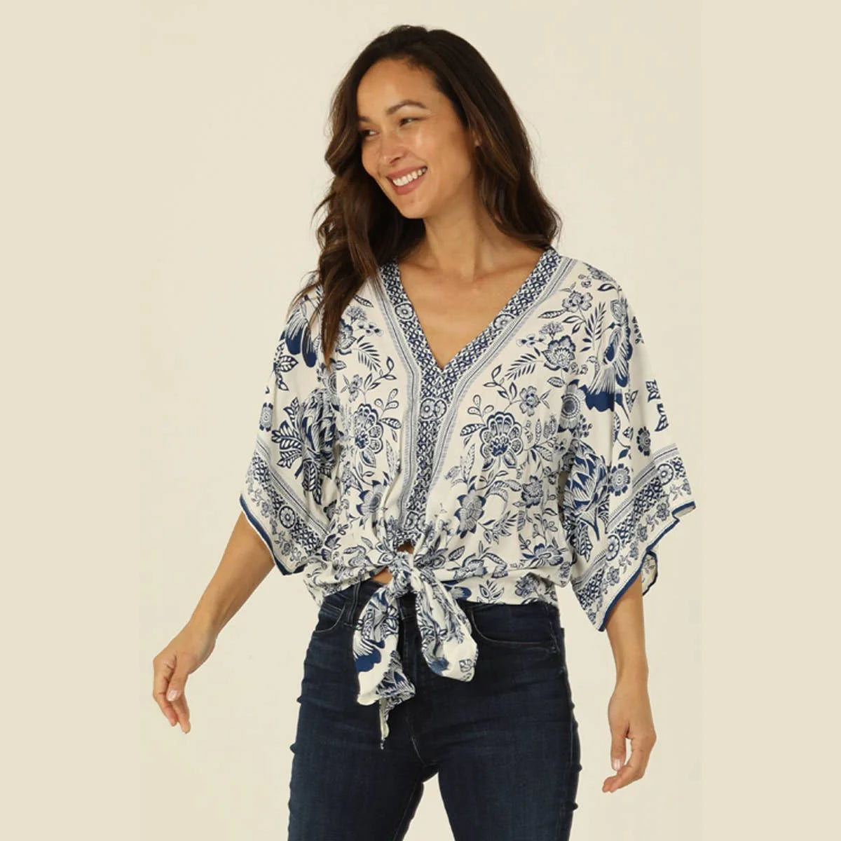 Nostalgia Women's V Neck Kimono Sleeve Tie Waist Blouse