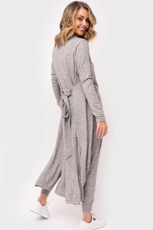 Gray Tie Back Long Open Front Cardigan