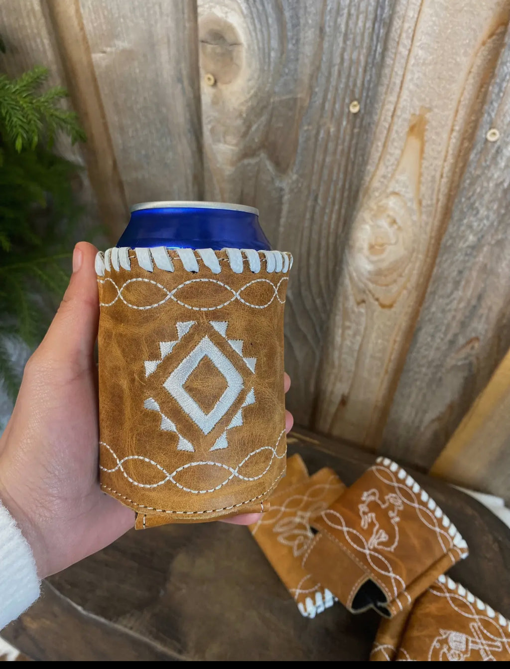 Tan Aztec Leather Koozie