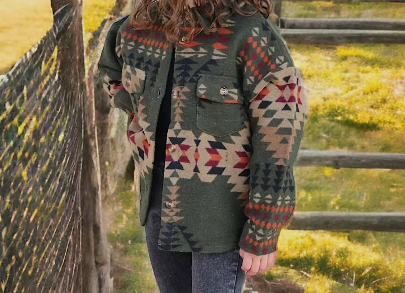 OLIVE GREEN AZTEC PRINTED SHACKET FOR BOYS Or GIRLS