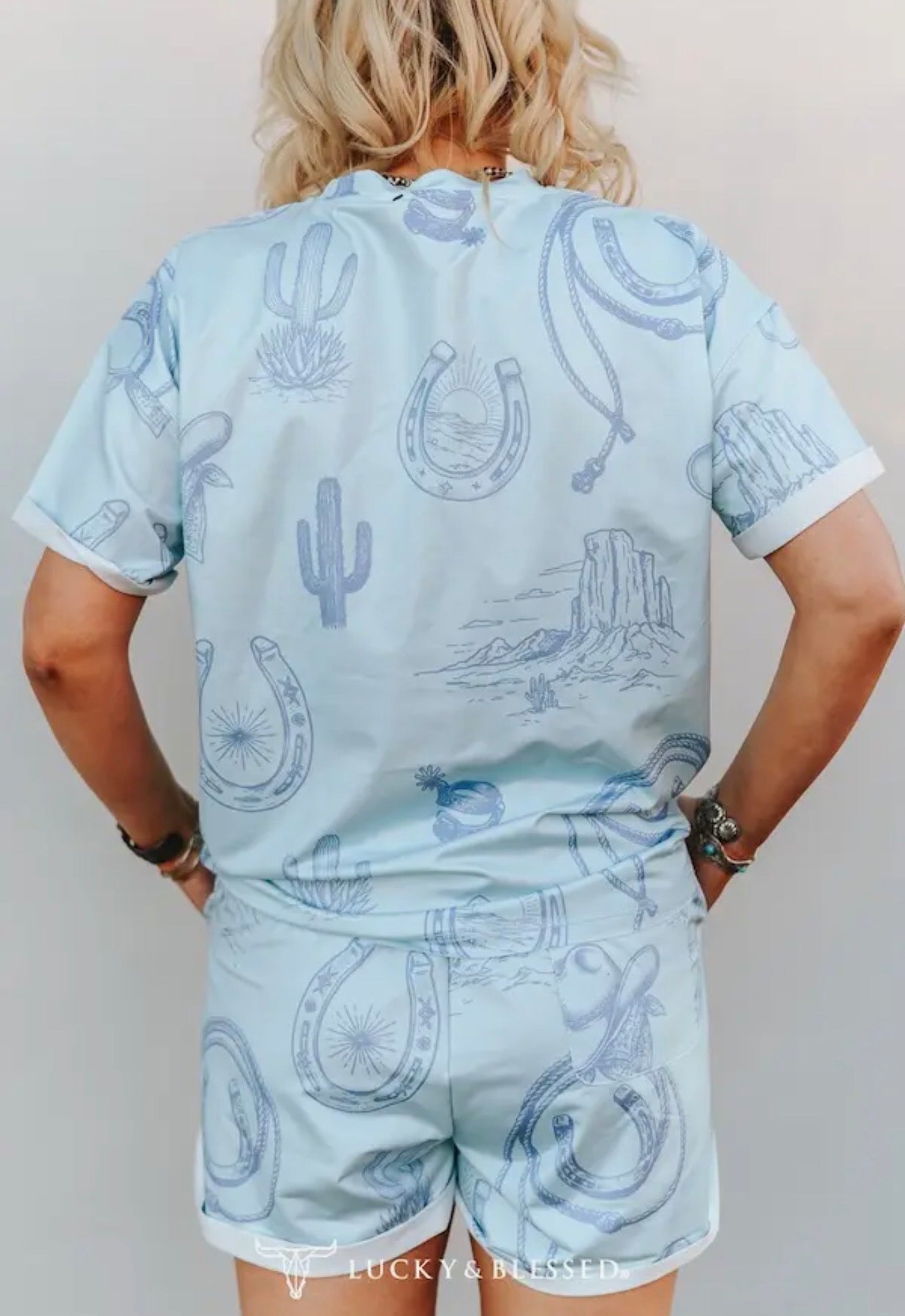 L & B Light Blue Western Printed Two Piece Set