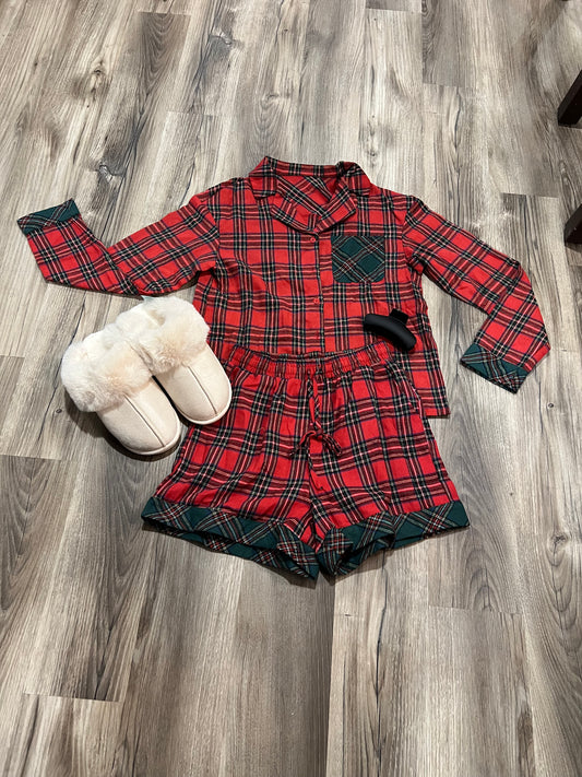 Red Plaid Christmas Long Sleeve Shirt and Shorts 2pcs Flannel Pajama Set