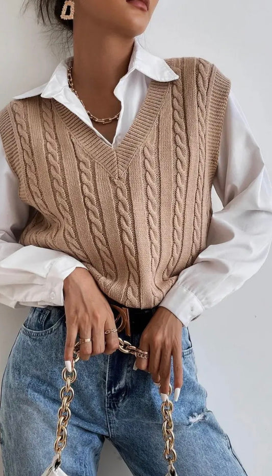 V-NECK Solid Color Cable Knit Sweater Vest