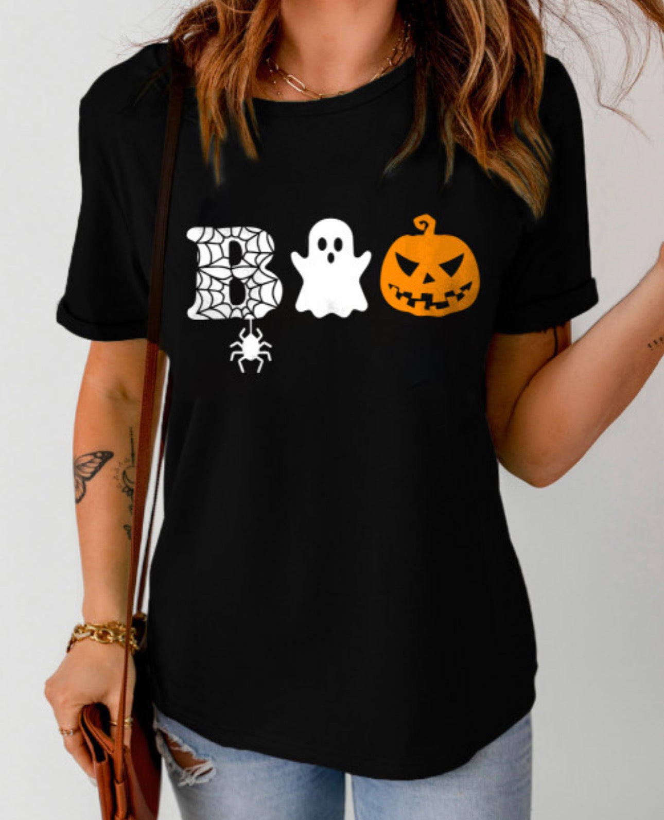 Black Boo Print Casual Halloween Graphic Tee