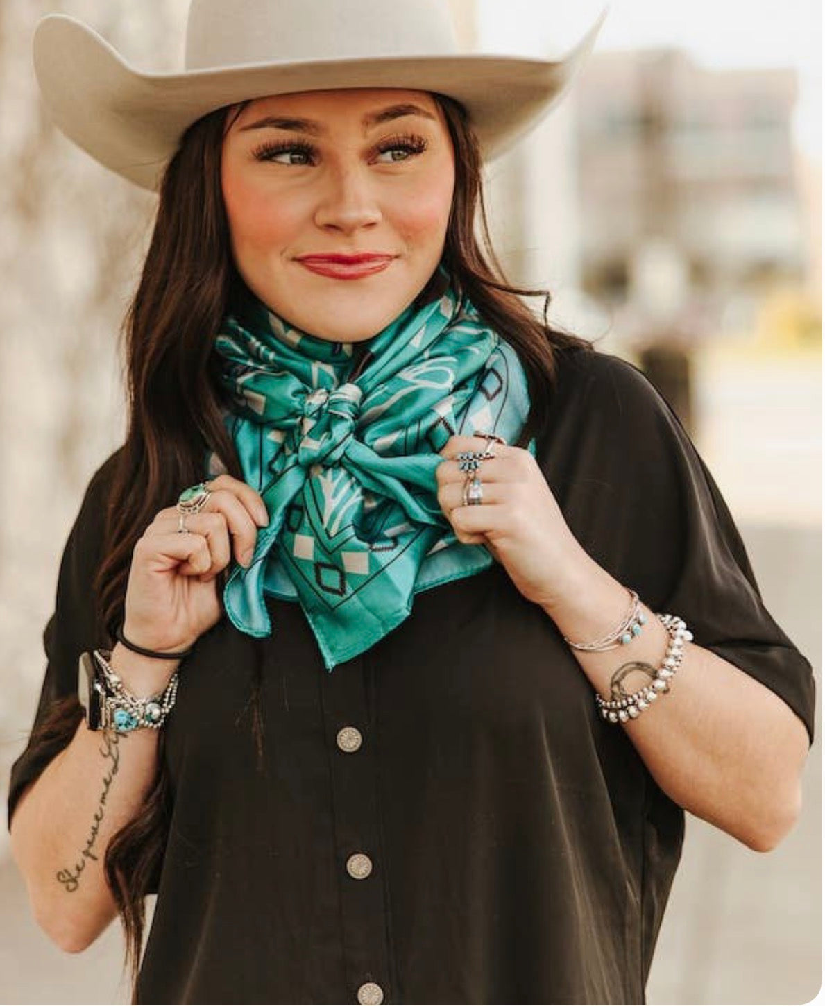 LUCKY & BLESSED Teal Aztec Horse Printed Wild Rag