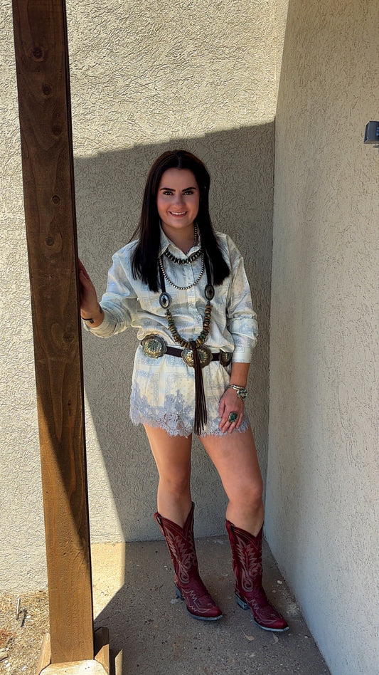 Bailey Paisley Satin Long Sleeve w/ Lace Shorts 2 pc Set