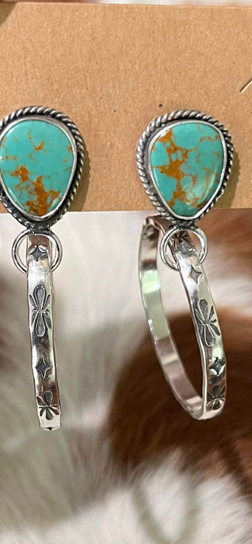 Navajo handmade hand-stamped sterling silver Sonoran Gem hoop earrings