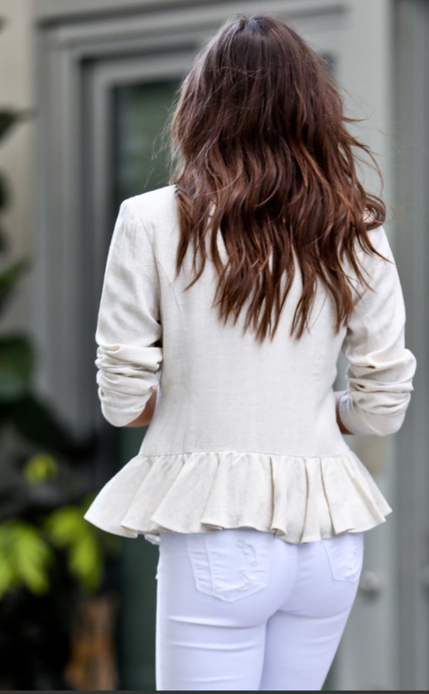 Front ruffle button-up linen blazer