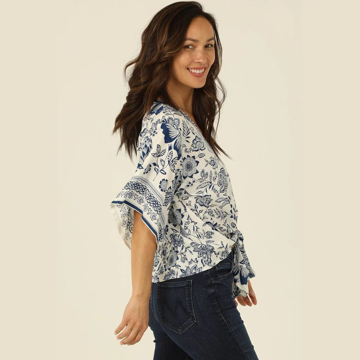 Nostalgia Women's V Neck Kimono Sleeve Tie Waist Blouse