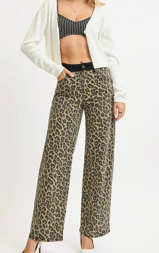 Risen High Rise Wide Leg Leopard Print Pants