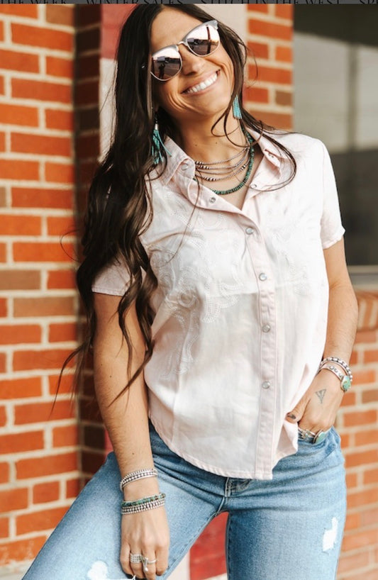 Pink Contrast Boot Stitch Embroidered Pearl Snap Short Sleeve Shirt