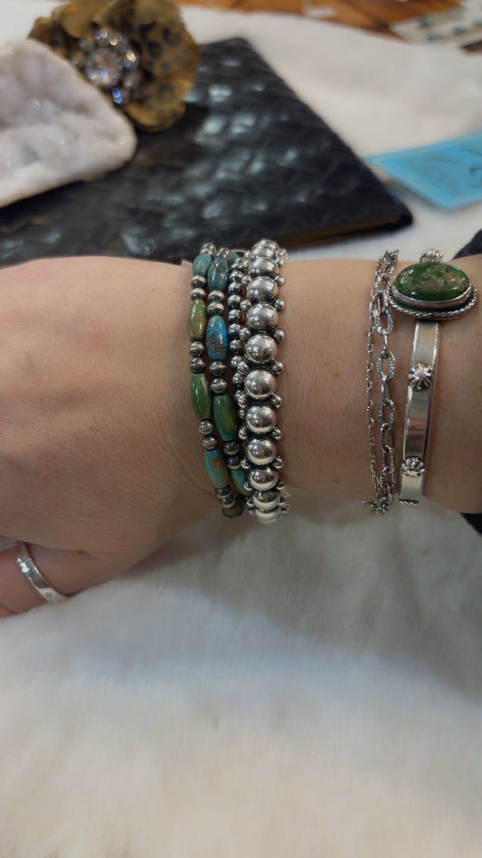 7.5” Sterling Silver HandStrung Kingman Turquoise Bead Stretch Bracelet