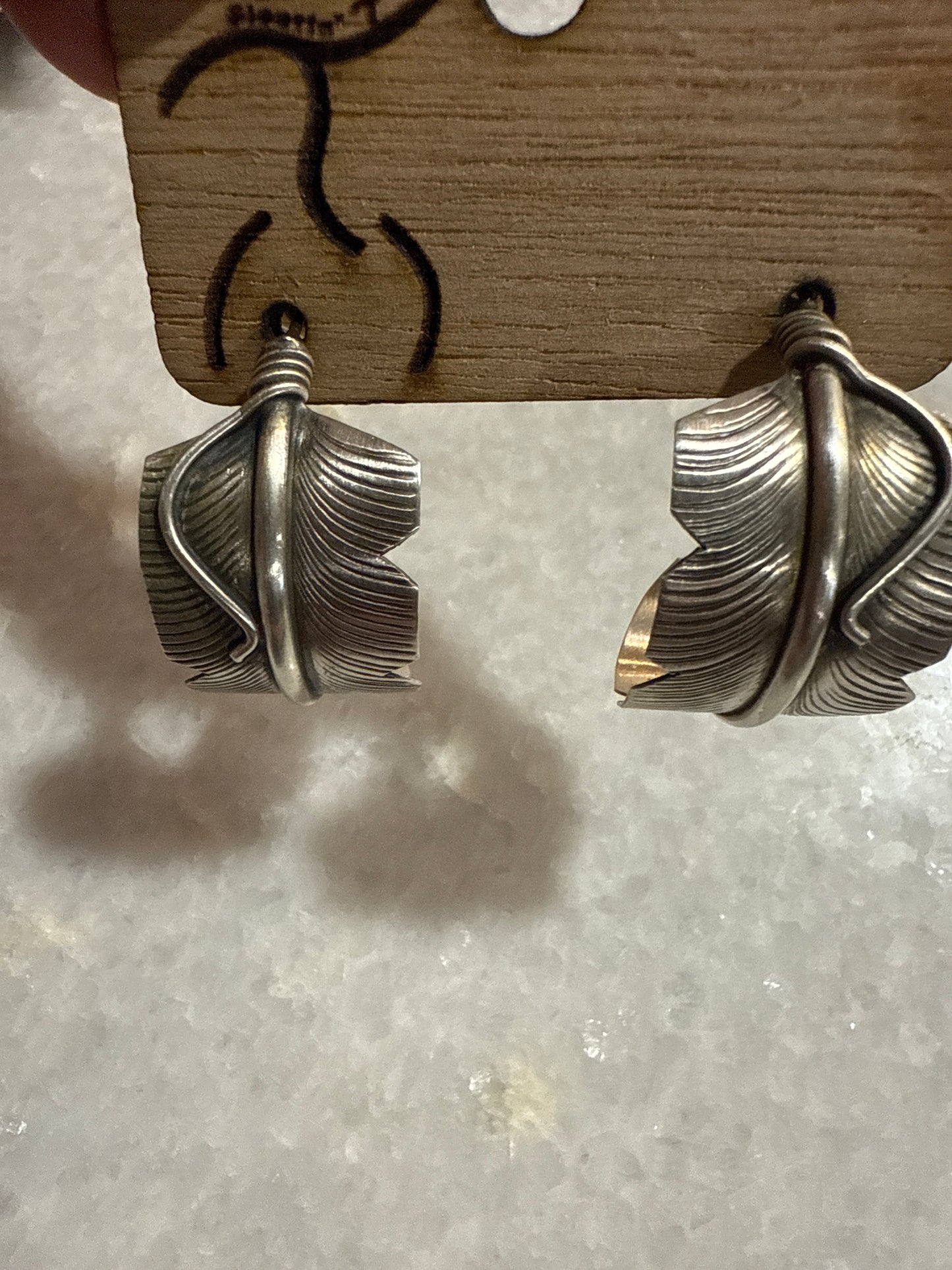 Navajo Handmade Marked CC Sterling Silver Feather Hoop Earrings