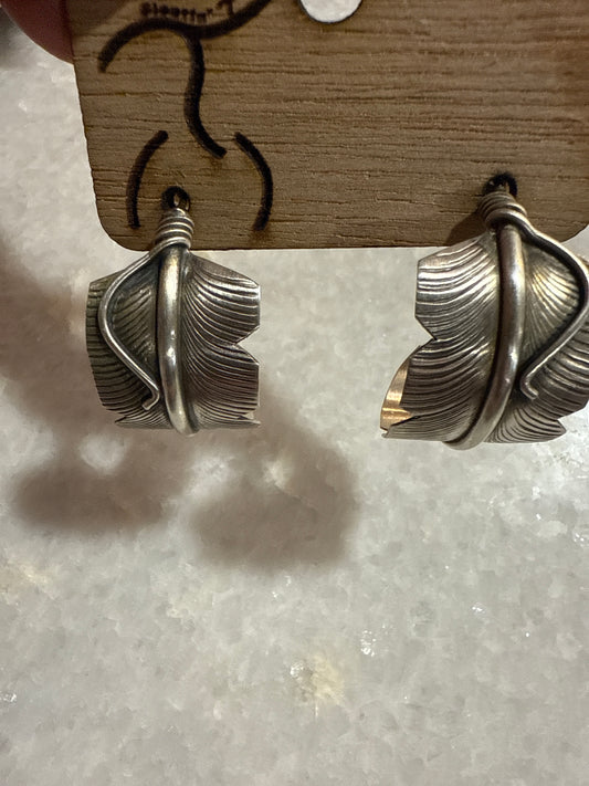Navajo Handmade Marked CC Sterling Silver Feather Hoop Earrings
