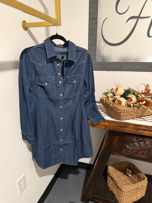 Classic Western Button Down Long Sleeve Denim Dress