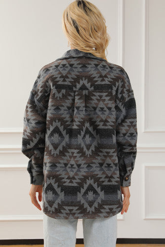 Unisex Gray Western Aztec Print Drop Shoulder Casual Shacket