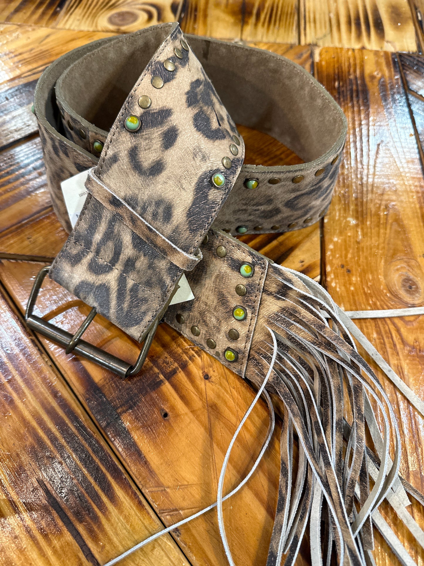 Tasha Polizzi Leopard  Leather Camel Belt w/ Brads and Turquoise