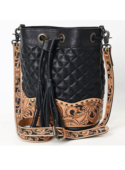 American Darling - Black Quilted Bucket Hand Tooled Genuine Leather Women Bag