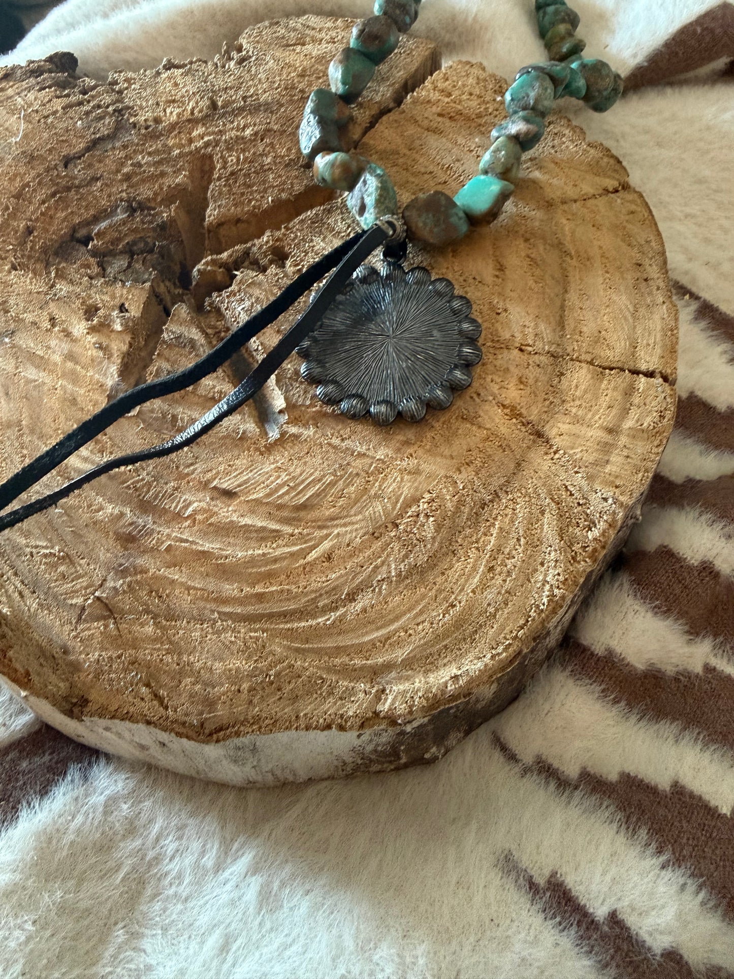 Authentic Turquoise Nugget & Indian head Concho with Rhinestone Necklace