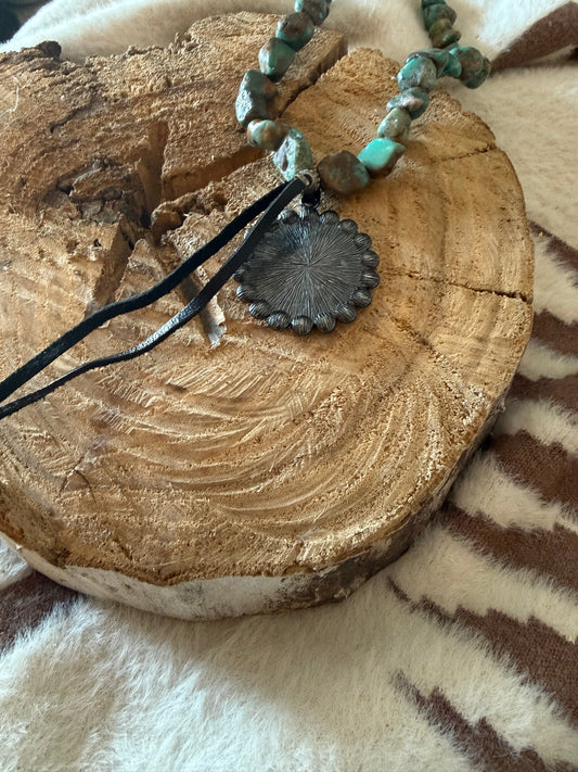Authentic Turquoise Nugget & Indian head Concho with Rhinestone Necklace