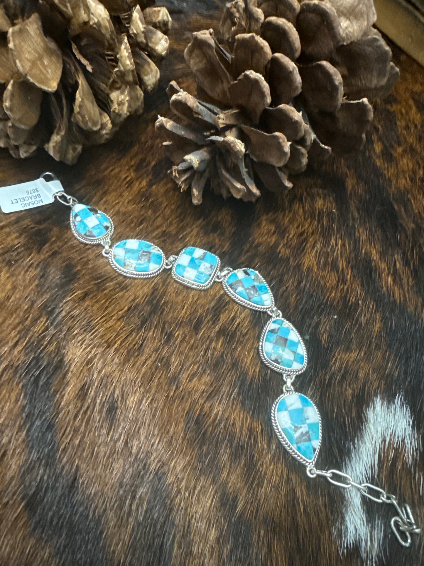 Sterling Silver Mosiac White Buffalo Checkered Linked Bracelet