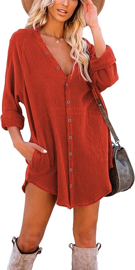 Women's Long Sleeve Beach Cover-ups Button Down Oversized Tunic Dress Shirt Boho Dresses with Pockets