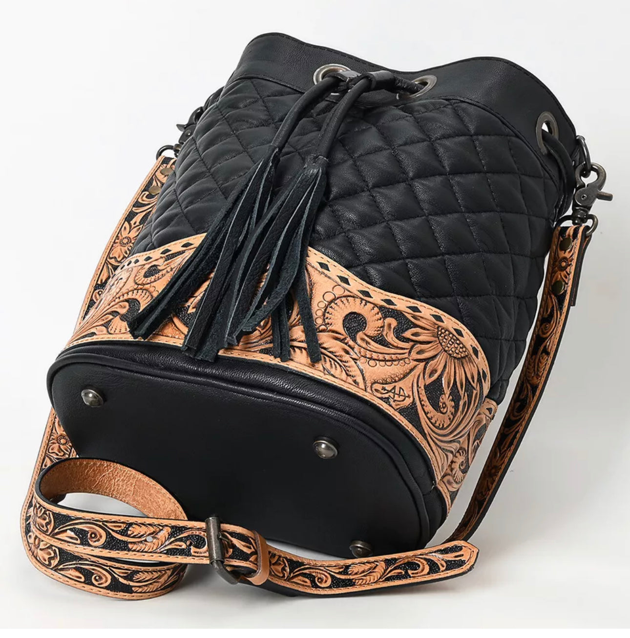 American Darling - Black Quilted Bucket Hand Tooled Genuine Leather Women Bag