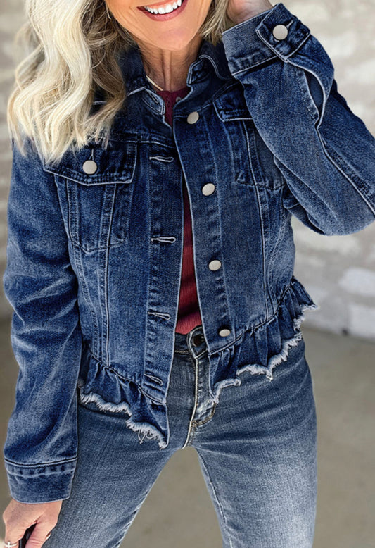 Navy Blue Ruffle Raw Hem Flap Pockets Denim Jacket