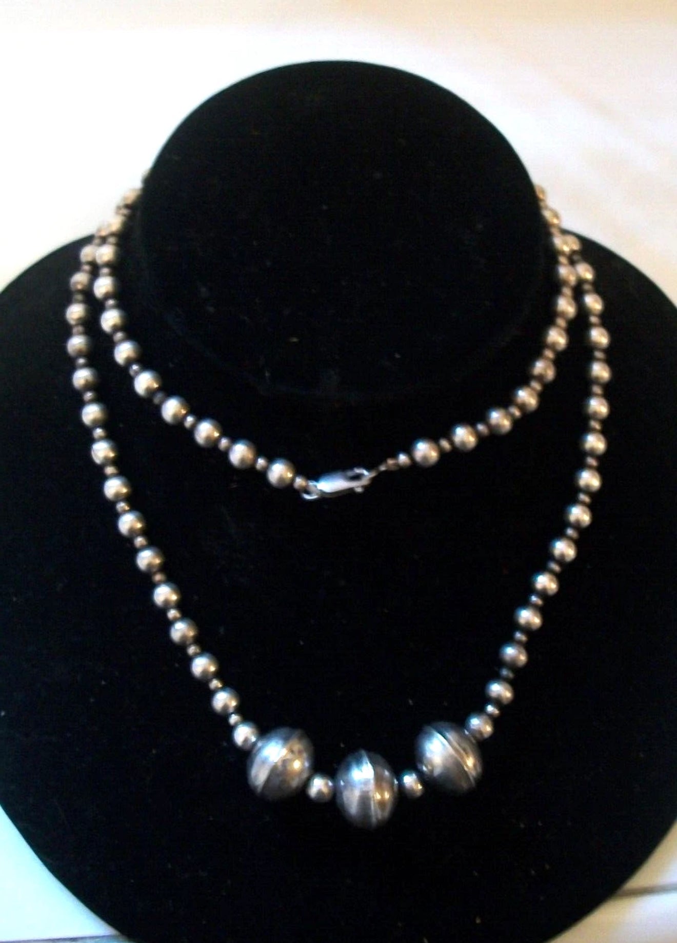 AMAZING STERLING SILVER 925 LONG 31" 3MM BEAD NECKLACE WITH 3 LARGER 12MM BEADS