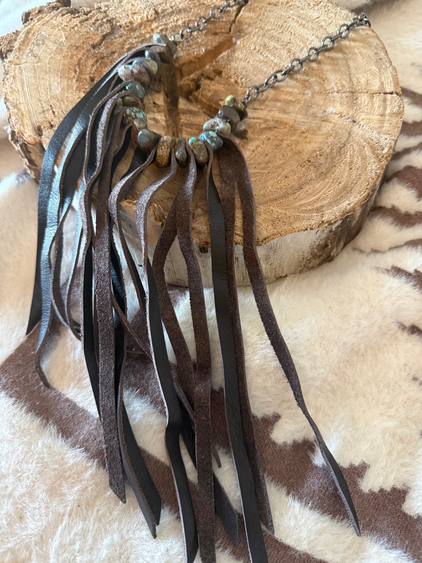 Kodiak Leather Natural Turquoise w/ 8” Leather Fringe Link Neckkace 24” Adjustable