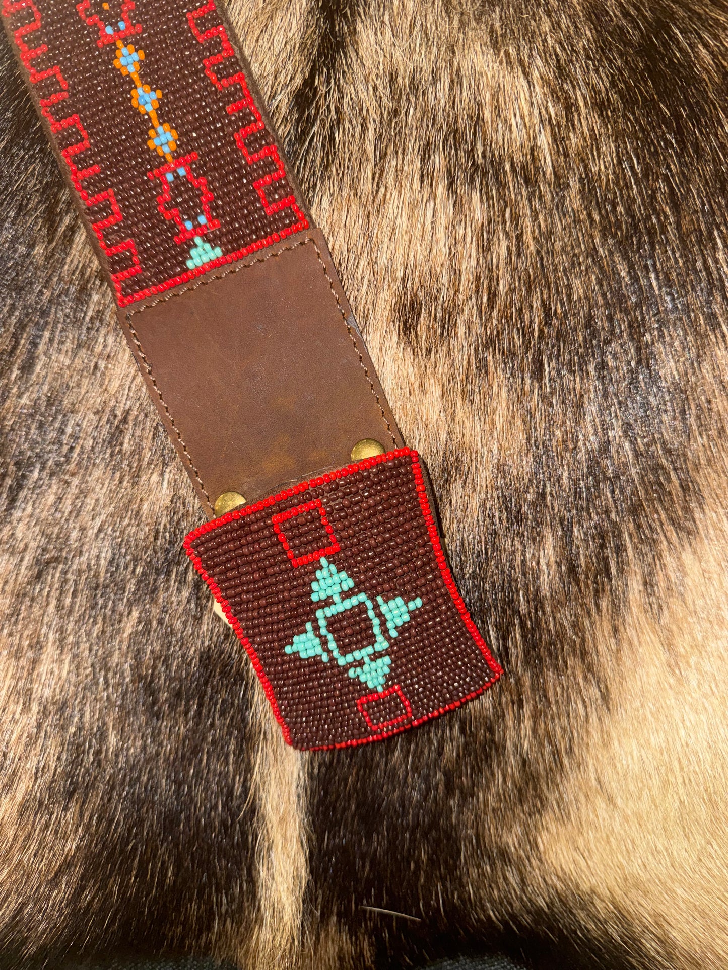 Tasha Polizzi  Leather Hand Beaded Red Belt w/ Brads and Turquoise