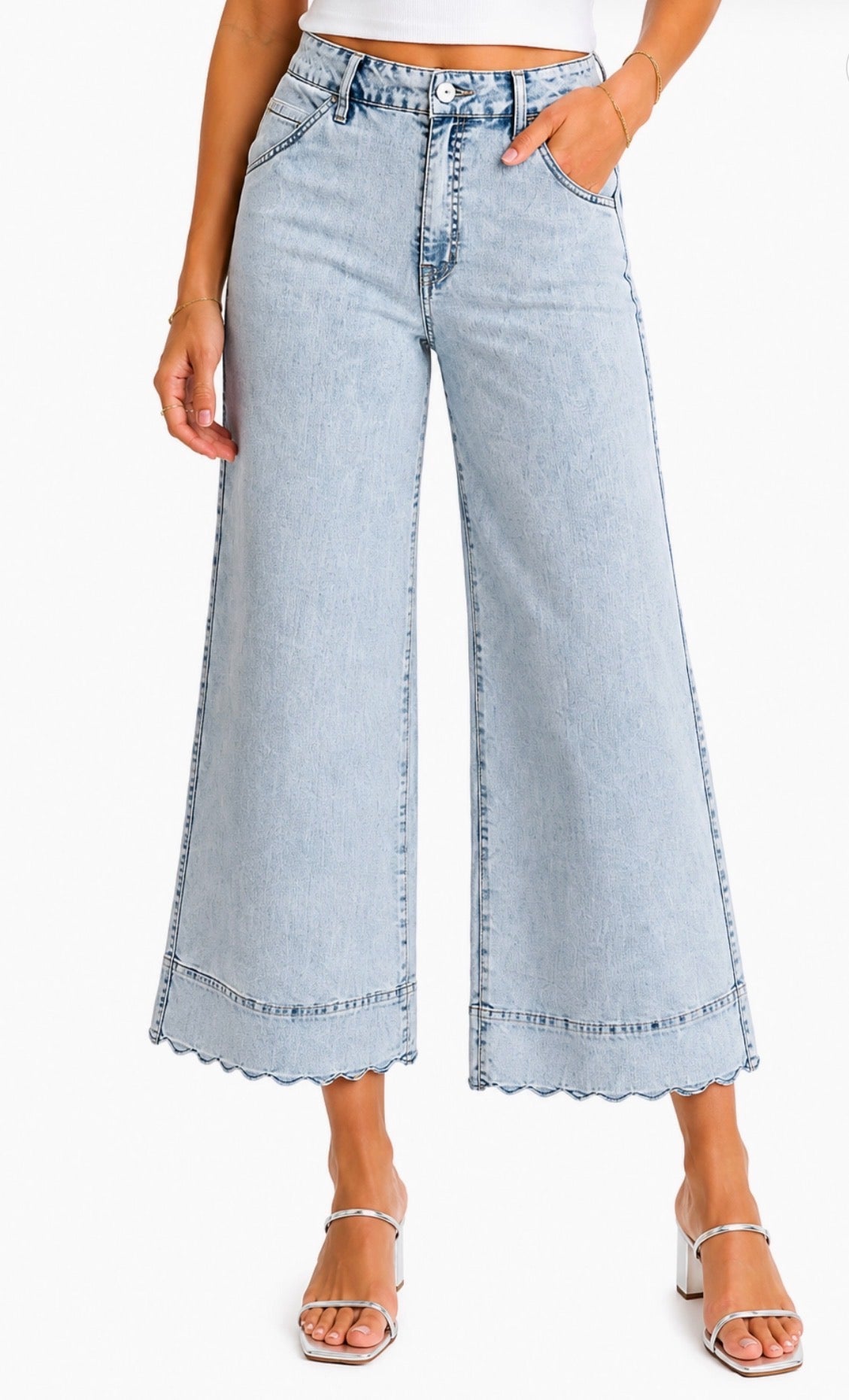 Lyocell Cropped Wide Leg Jean w/ Scalloped Hems