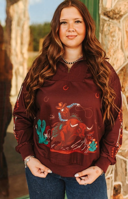 Maroon Bull Rider Printed Long Sleeve Zip up Sweatshirt