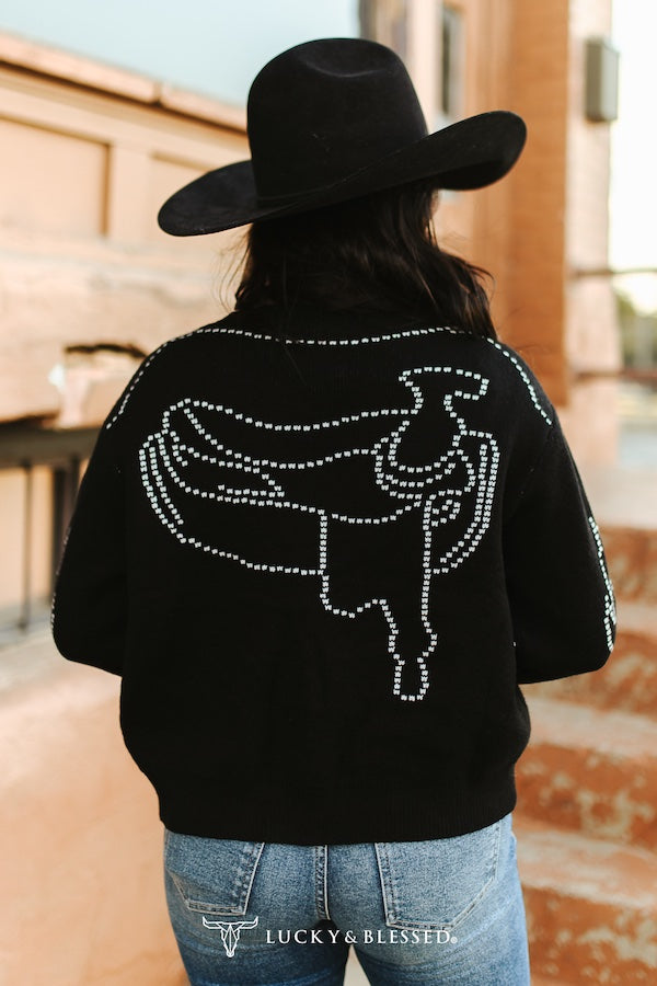 BLACK BOOT-STITCH SADDLE KNIT CONCHO BUTTON DOWN SWEATER CARDIGAN