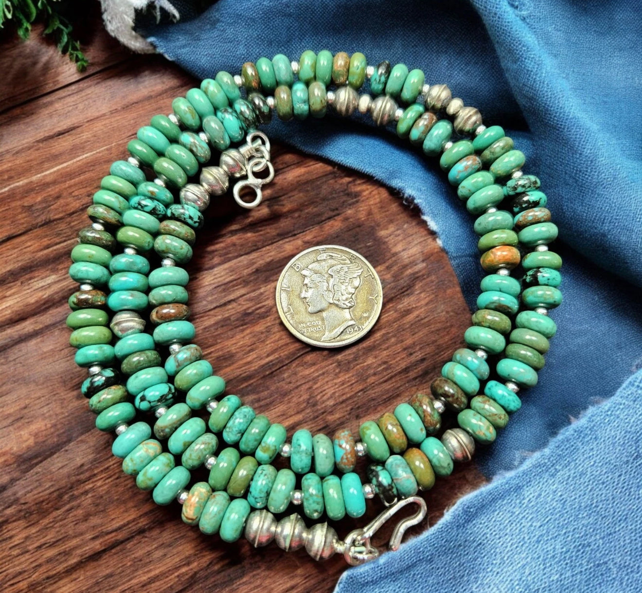 Sterling NAVAJO Pearl Hubei Turquoise Native Bench Beads Necklace VTG Silver 20"